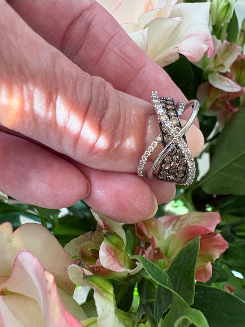 LeVian 14k White Gold Crisscross Ring with White and Chocolate Diamonds
